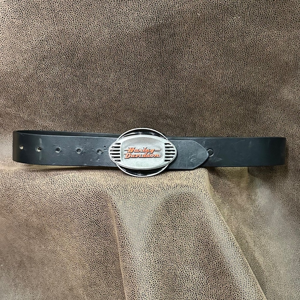 Harley Davidson Belt Buckle & Embossed HD Leather Belt 28"-35" Black Made in USA